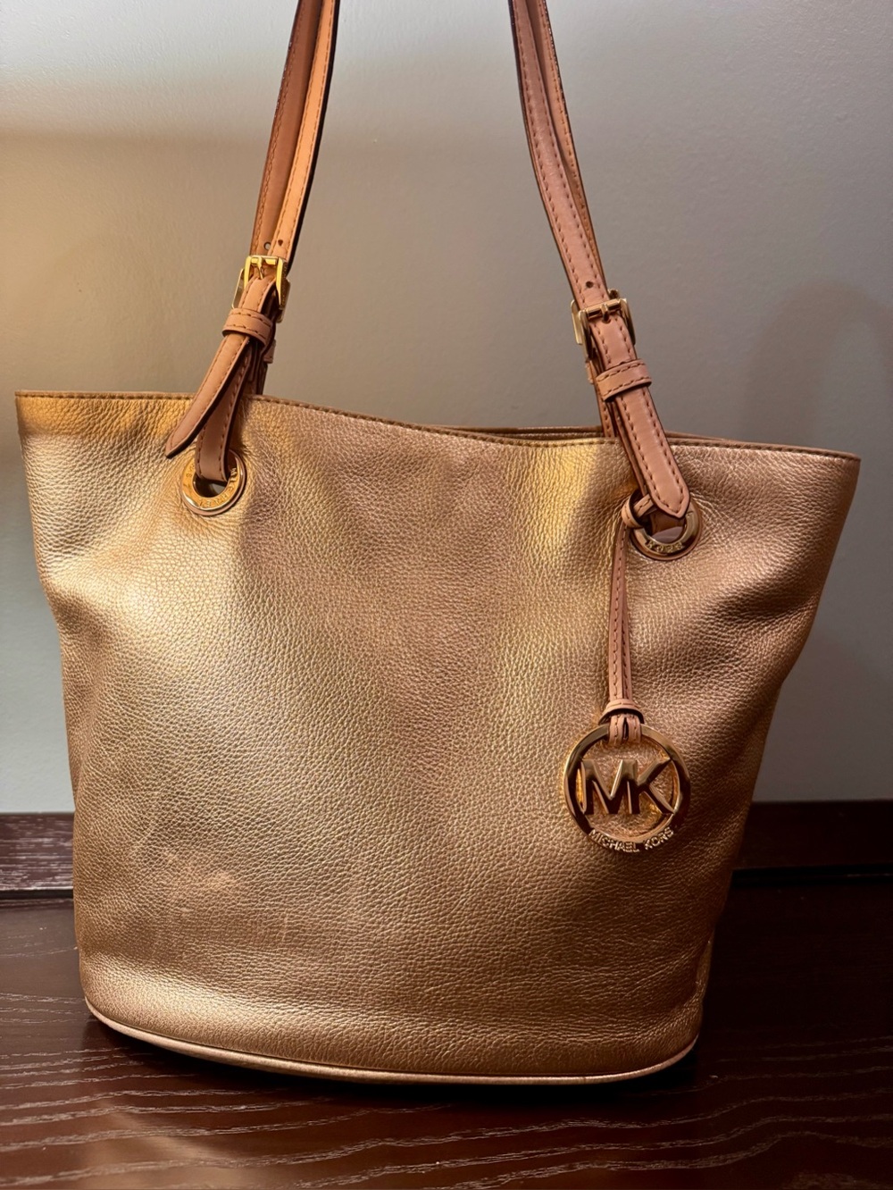 Michael Kors Gold Pebbled Leather Tote with Gold MK Charm